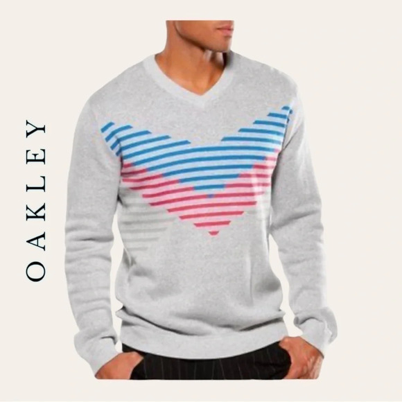 1193. MEN’S OAKLEY RECOLLECTION SWEATER 2012‎ GRAY WITH BLUE/RED/BLACK MEDIUM - Picture 1 of 11